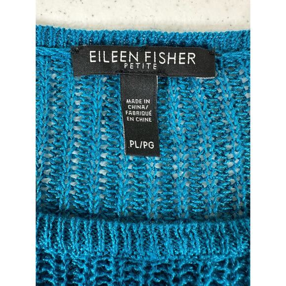 Eileen Fisher Sweater Petite Small 100% Linen Open Knit Teal Blue Asymmetrical - Picture 3 of 9